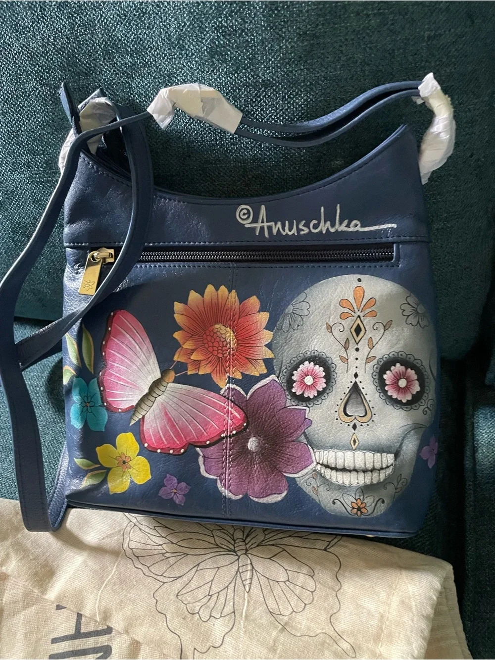 Anuschka Navy Crossbody with Colorful Floral & Sugar Skull Art
